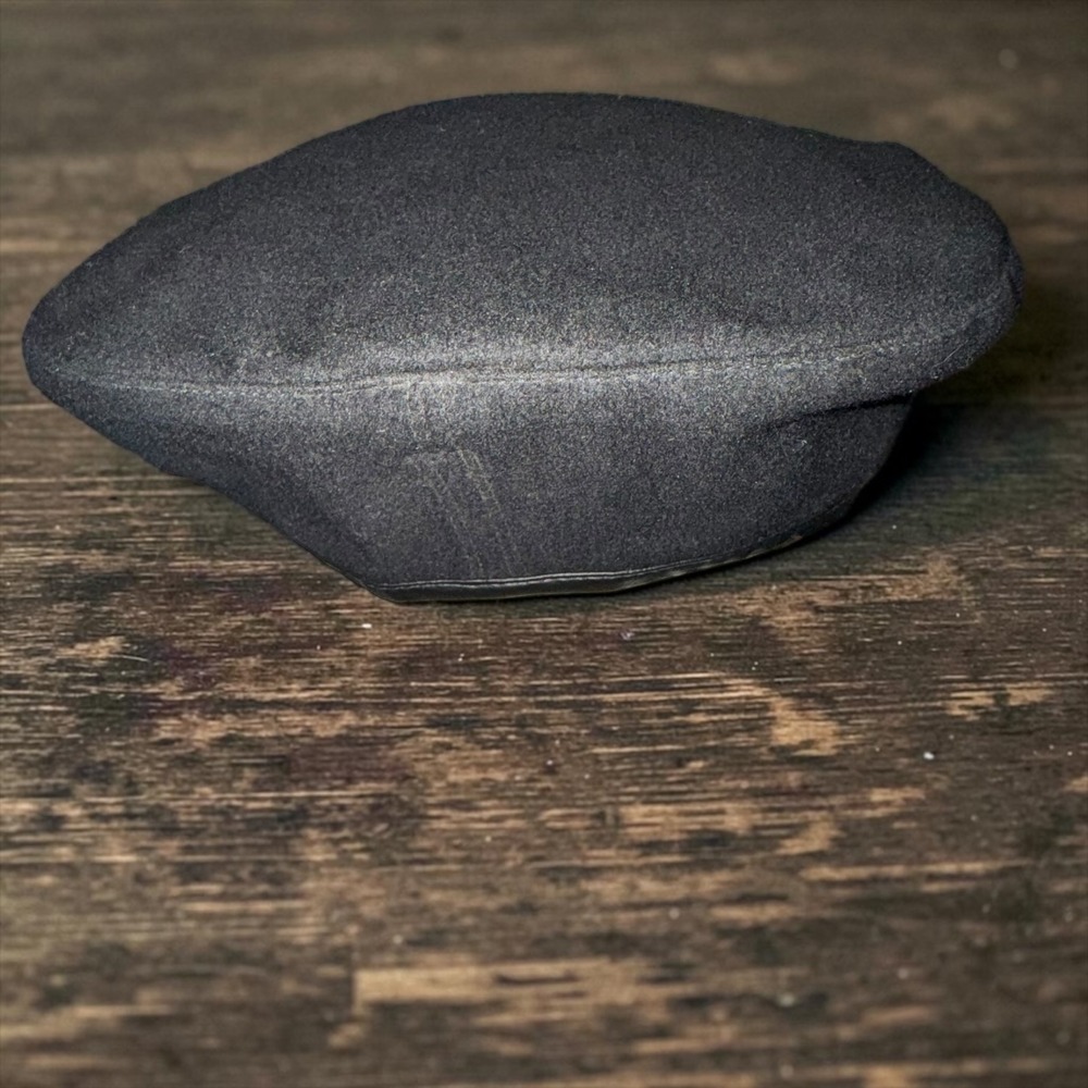 Military Black Beca Wool Blend Beret Hat Size 56 Faux Leather Trim Vintage Style